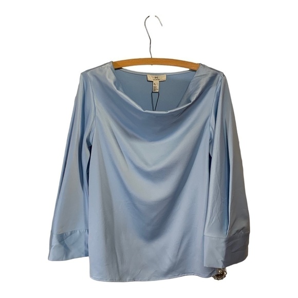 H Halston Glacier Blue Draped Neck Blouse Size XS Statement - Picture 2 of 7